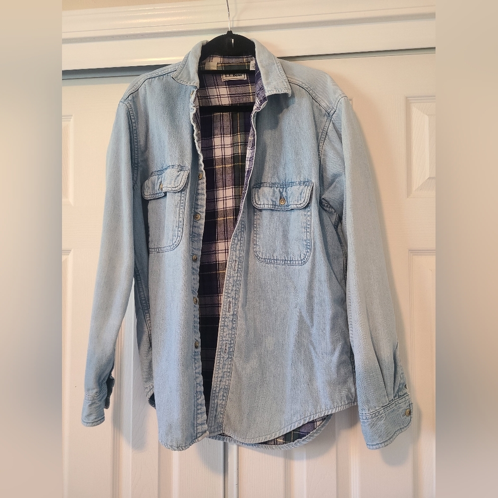 L.L. Bean Light Blue Denim Jacket with Plaid Lining